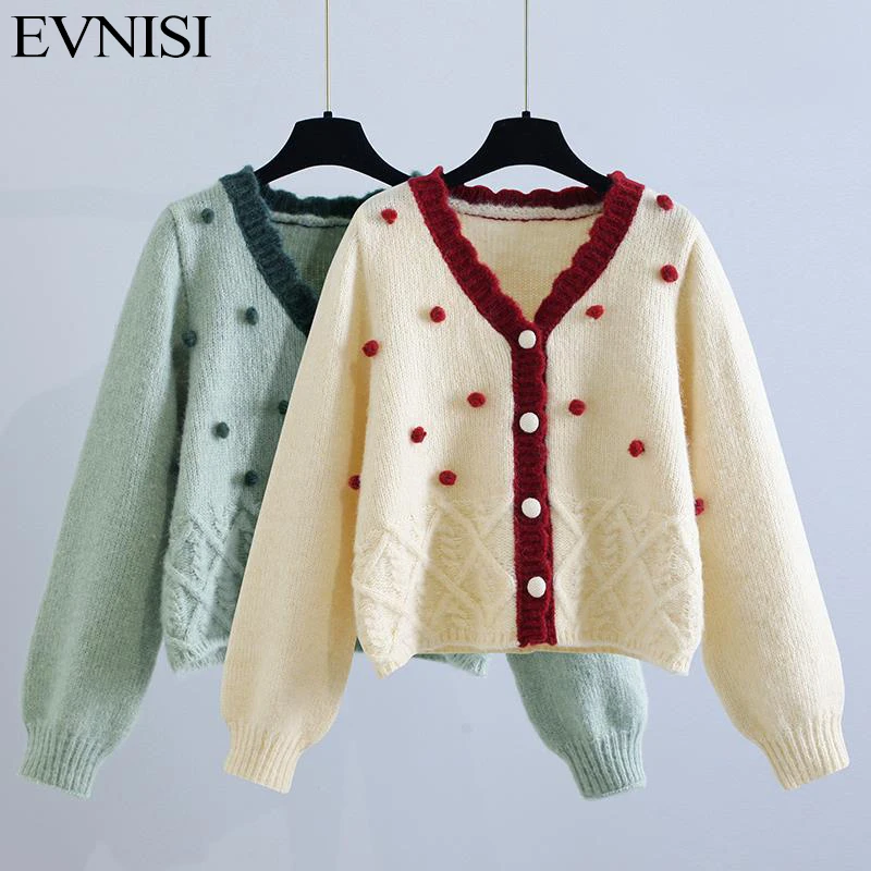 EVNISI Cute Women Green Loose Sweater Cardigan V-Neck Single Breasted Knitting Long Sleeve Sweater For Women Jumpers Winter