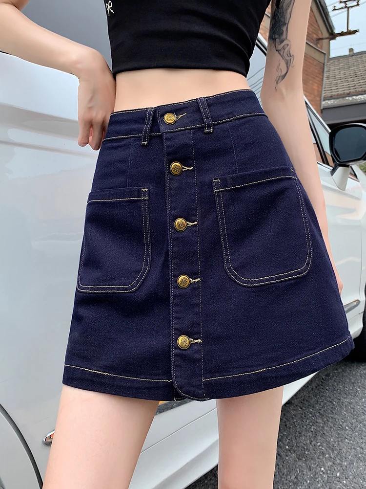 Ropa de calle informal, faldas de talla grande, pantalones cortos para mujer, minifalda vaquera holgada de corte en A con una hilera de botones, Culottes de algodón, pantalones cortos