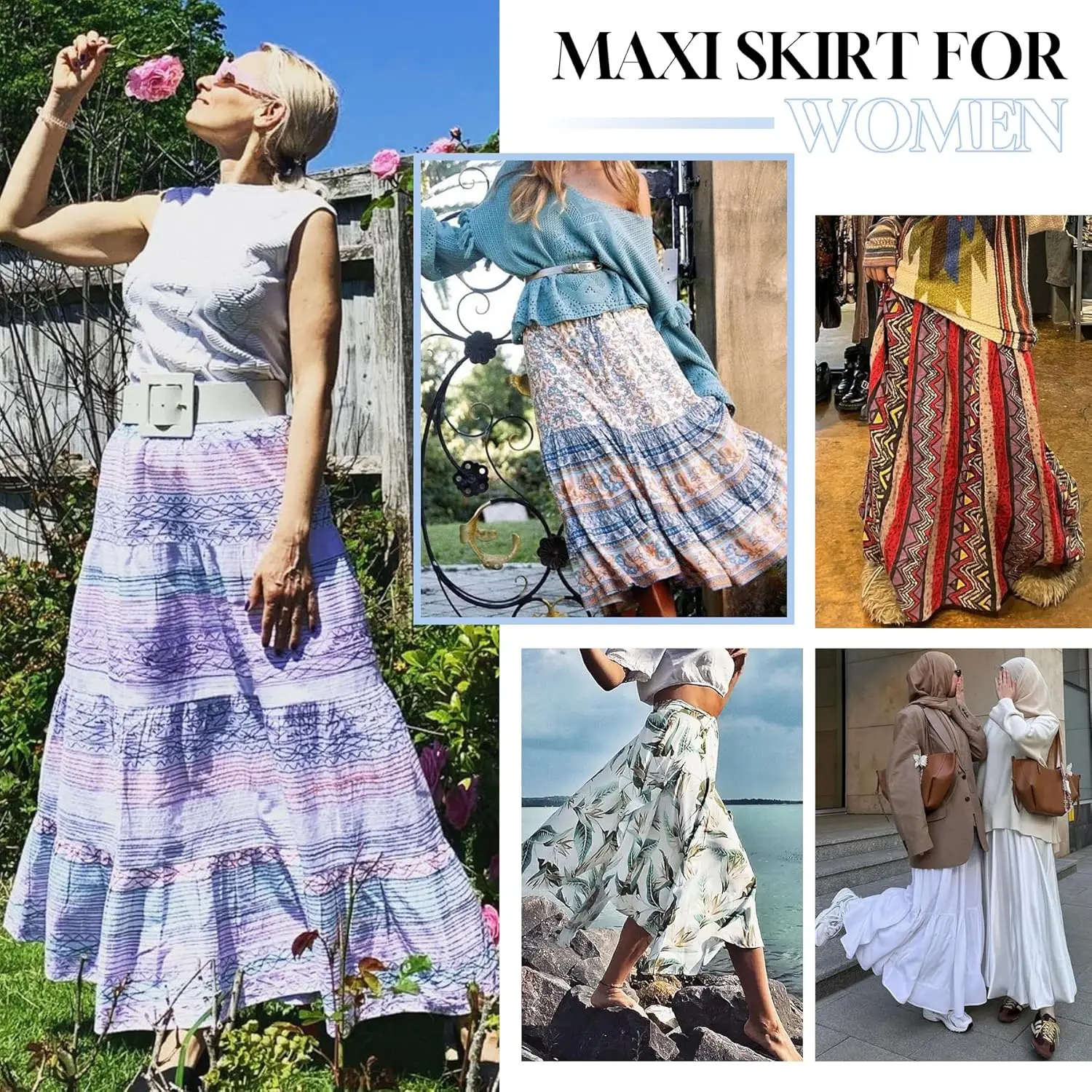 Luxy Trio Gonne lunghe da donna Abiti alla moda Gonna lunga a vita alta Gonna casual svasata elastica a fiori per ragazze