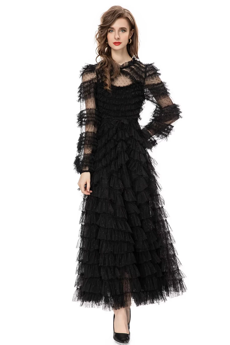 SEQINYY Elegant Long Dress Early Spring New Fashion Design Women Runway High Street Vintage Ruffles A-Line Mesh Dot Party