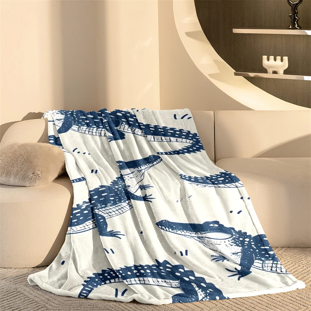 Cream Blue Crocodiles Lightweight Flannel Blanket Breathable Cozy Throw Blanket for Spring Summer Sofa Bed Air Conditioning
