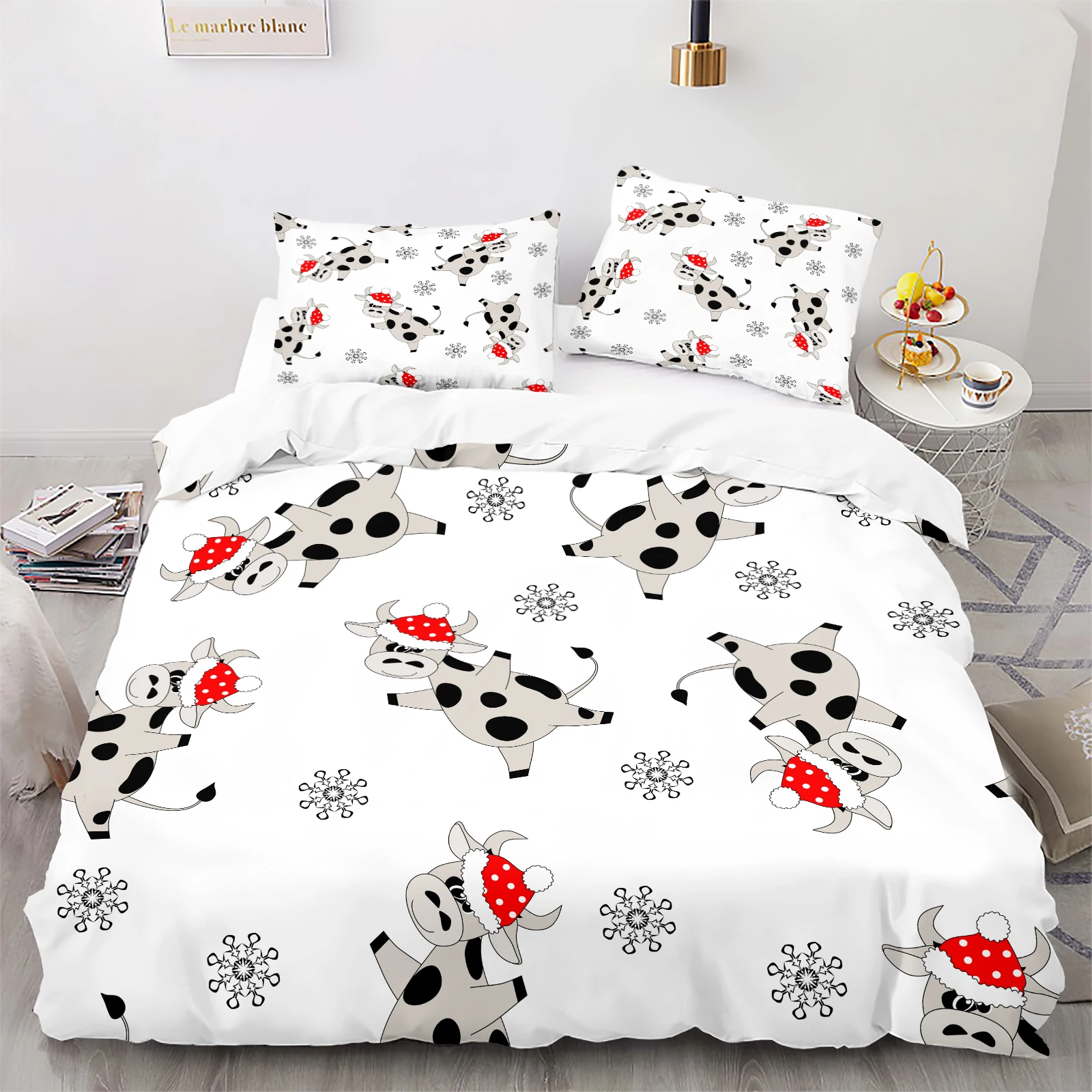 2/3Pcs Festive Cartoon Cow & Snowflake Duvet Cover Set, White w/ Red Polka-Dot Hats, Cute Holiday Bedding