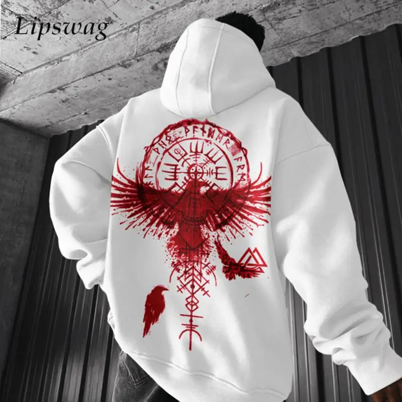 Vintage Mens Hoodies Streetwear Y2K Style Viking Pattern Printing Hooded Sweatshirts Men Autumn Fashion Long Sleeve Loose Hoodie