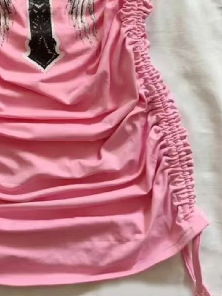 Summer Y2K Gothic Punk Pink Skeleton Print Dress Women Off Shoulder Design T-Shirt Dress Vintage Grunge Style Sexy Mini Dress