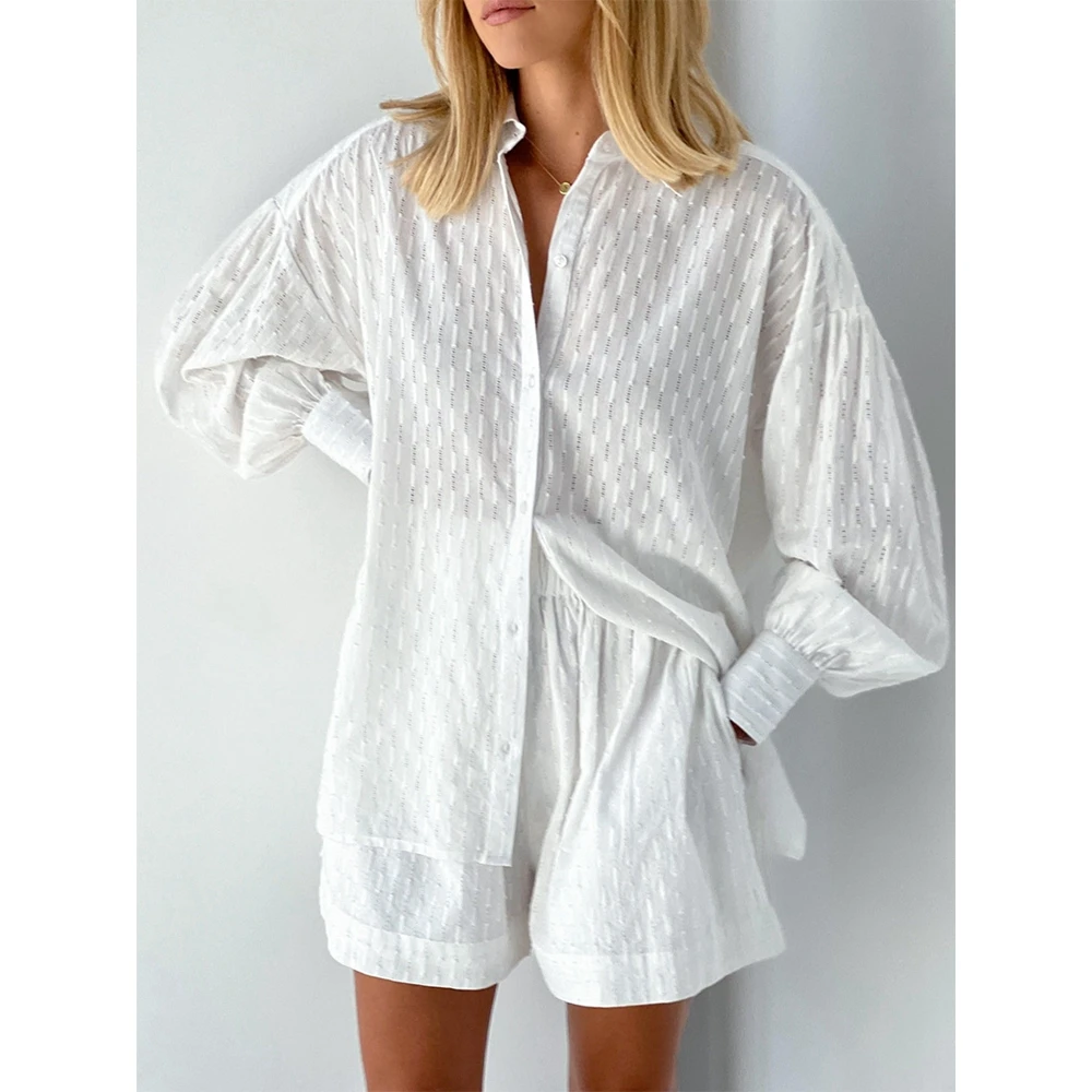 

Summer Two Pieces Set Women Striped Pattern Hollow Out Long Sleeve Shirt and Short Set Suits for Women