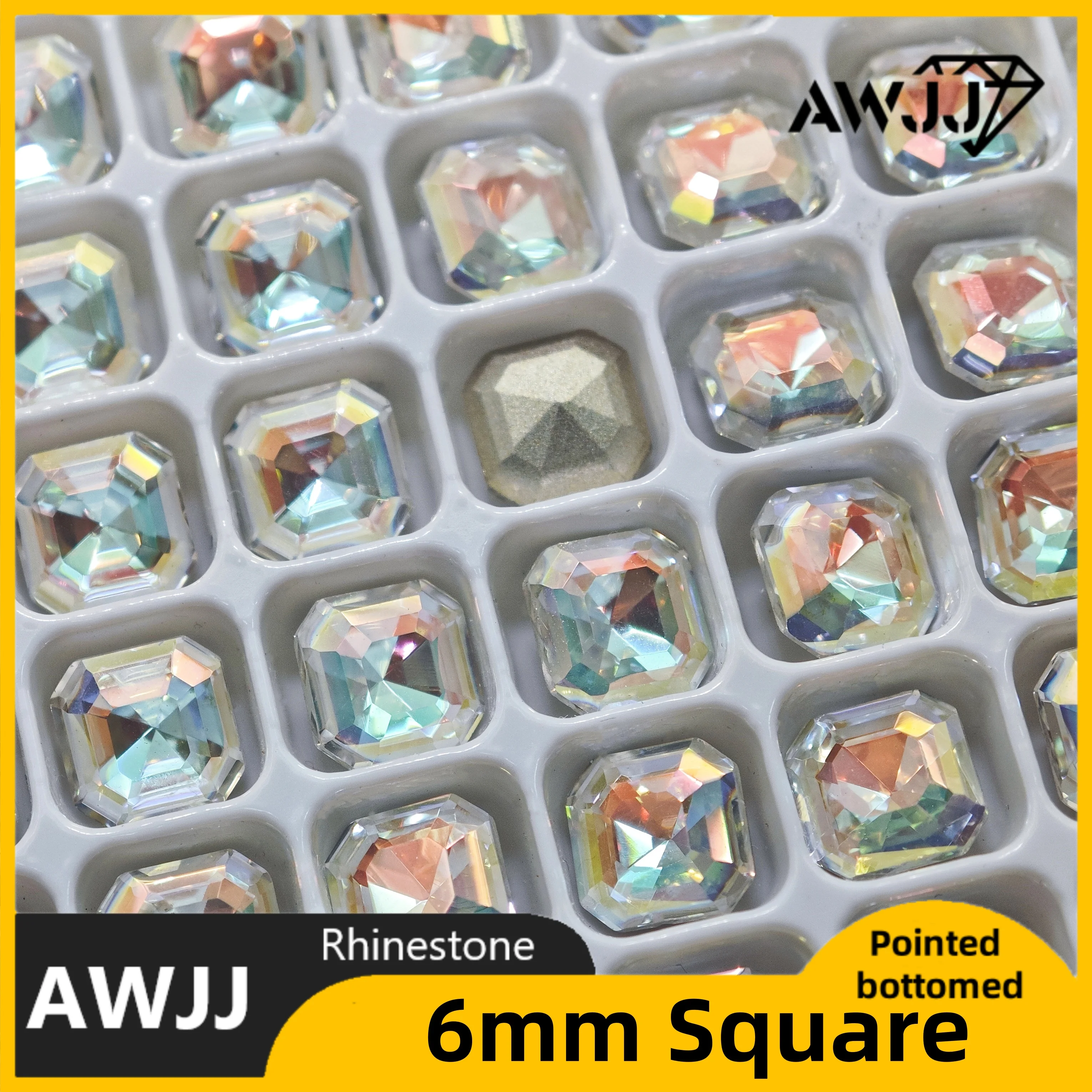 Kryształki kwadratowe ośmiokątne 6 mm, wszystkie kolory, z ostrym dном, kamienie ozdobne do kolczyków, naszyjników, biżuterii do paznokci.