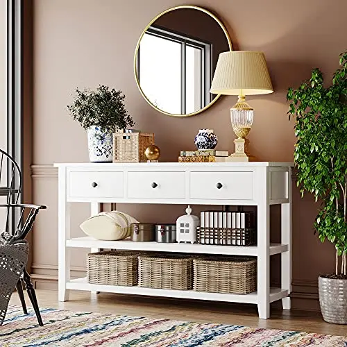 Rustic Entryway Console Table with 3 Storage Drawers and Open Shelves, Entry Hallway Foyer Behind Sofa Couch Long