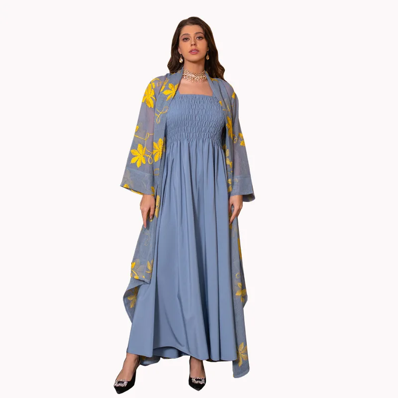 

Islamic Abaya New Embroidery Chic And Elegant Woman Dress Mesh Cardigan Belted Kaftan And Solid Gray Camisole Dress Muslim Sets