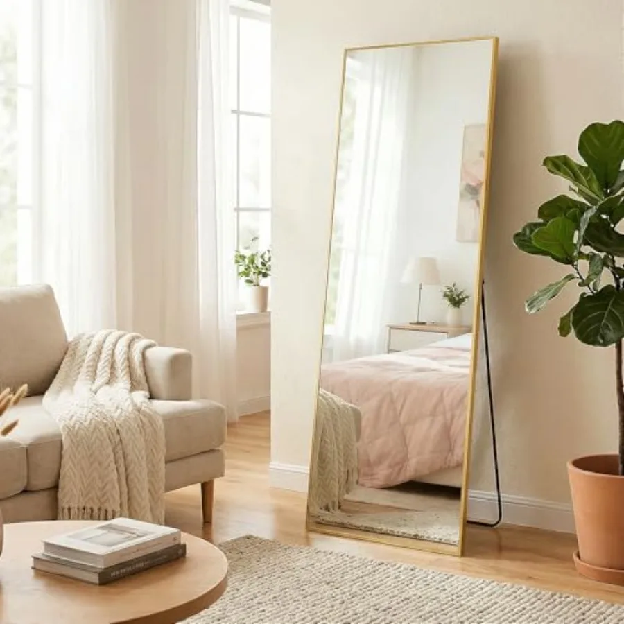 

76x34 Full Length Mirror with Stand Gold Metal Frame Floor Mirror for Living Room Bedroom Decor Tempered Glass Standing Hanging