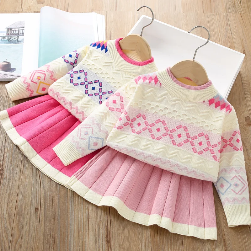 

Girls' Sweater Set Autumn and Winter New Girls' Knitted Pullover Long-sleeved Sweater + Skirt Two-piece Set 2-6y