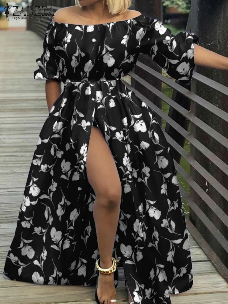 ZANZEA-Vestidos largos bohemios para mujer, vestido veraniego con estampado Floral, bata con hombros descubiertos, Vestidos largos con botones para vacaciones 2025