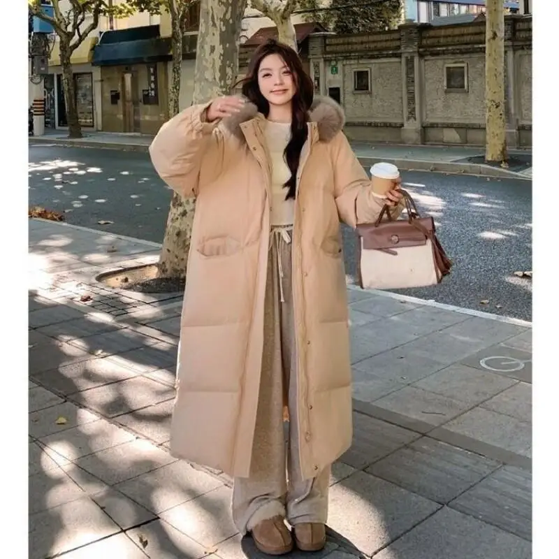 معطف طويل من القطن للنساء سترة شتوية جديدة فضفاضة فوق الركبة كورية سميكة كبيرة بياقة من الفرو معطف المدينة سترة شتوية للنساء #5