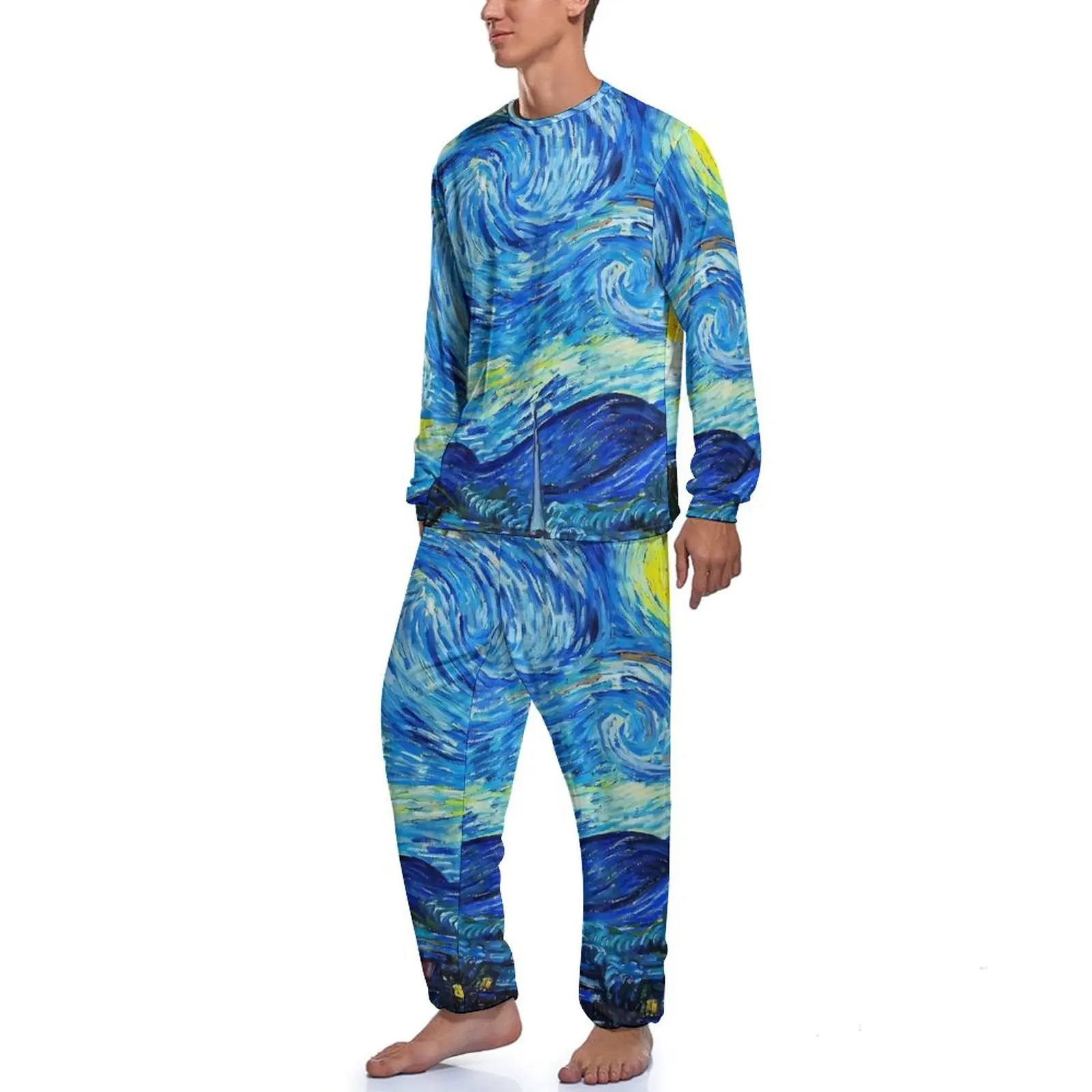 Van Gogh Pajamas Winter Starry Night Print Casual Sleepwear Men 2 Pieces Graphic Long Sleeve Elegant Pajama Sets