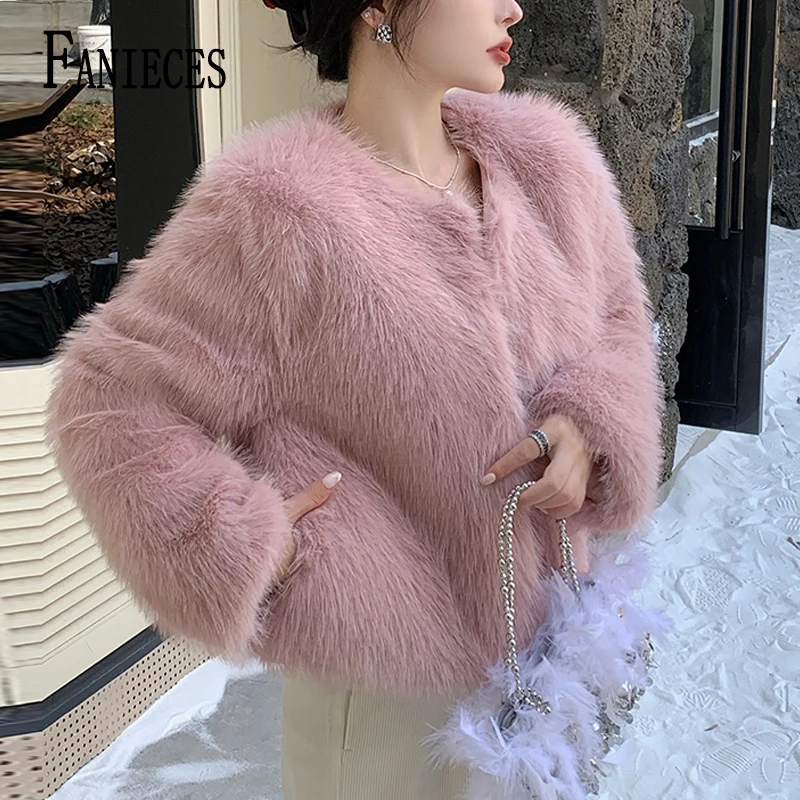 

Solid Faux Fur Coat Women Luxury O Neck Fur Jacket Winter Thick Artificial Fox Fur Outerwear Warm Shaggy Overcoat Party Coats