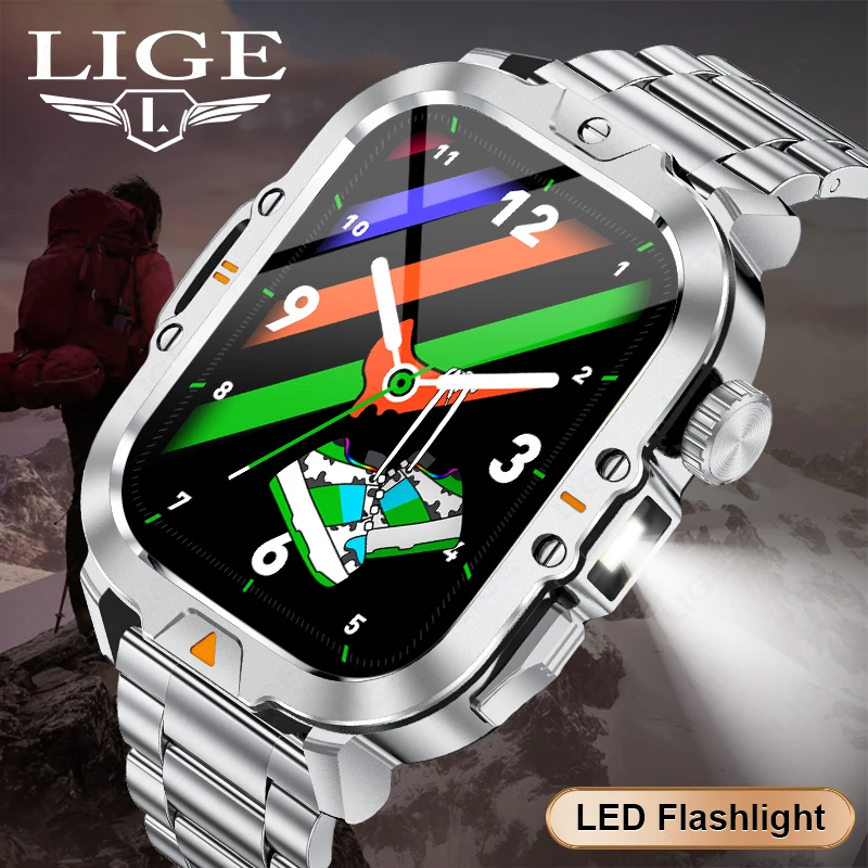 LIGE Smart Watch Men Outdoor Sport Bluetooth Call Bracelet IP68 Waterproof AI Voice CNC Smartwatch For Android IOS V17 LED Light