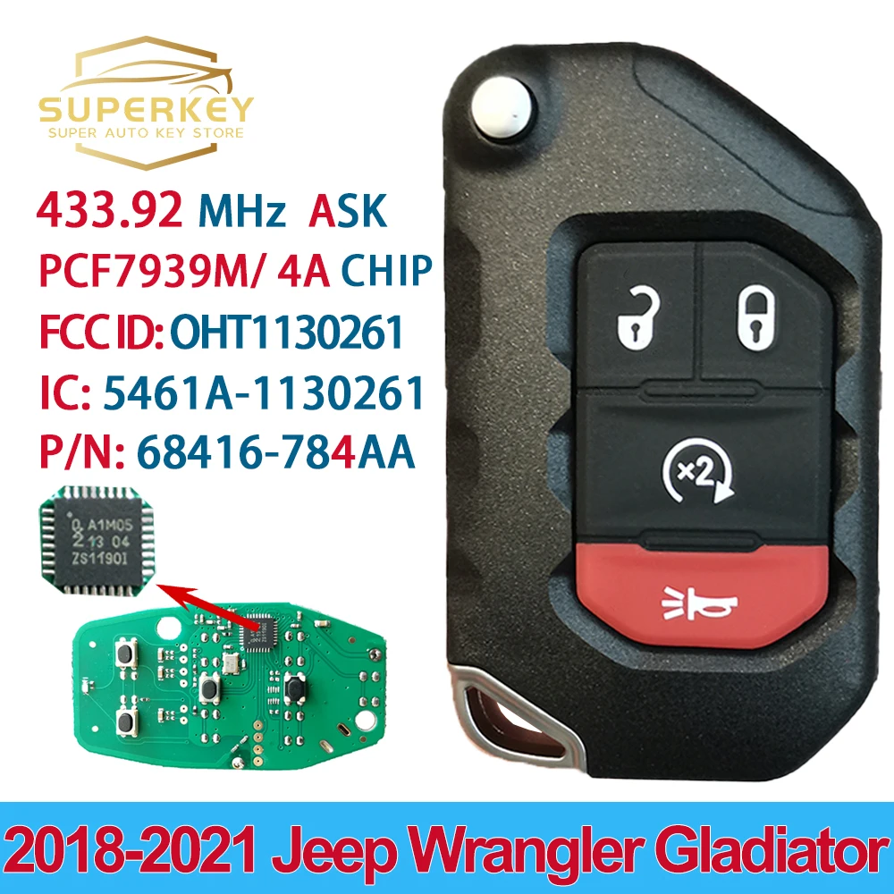 SUPERKEY 68416-782AA 433MHz Keyless Flip Smart Key With OEM PCF7939M Chip For 2018 2019 Jeep Wrangler OHT1130261 68416-782AA