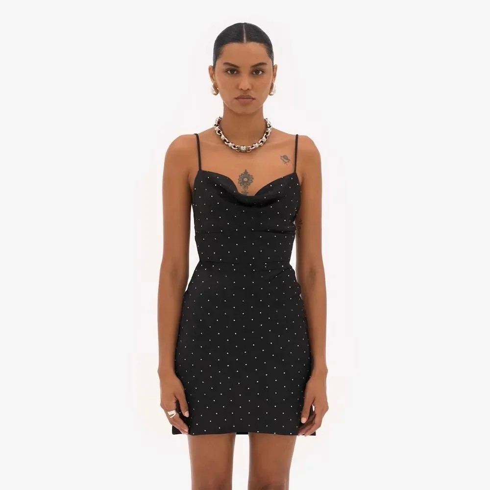 

European and American Sexy Suspender Dress Women's Heavy Industry Polka Dot Waist Black Dress Women's Big Halter Hip Skirt