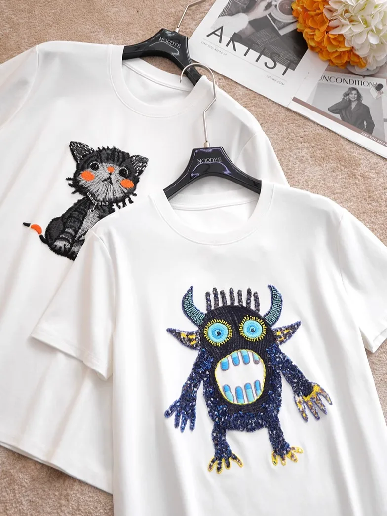 

Fashionable Eye-Catching Short-Sleeved T-Shirt Embroidered Monster Pattern Beadwork Diamond Insert Commute Style Cotton S...