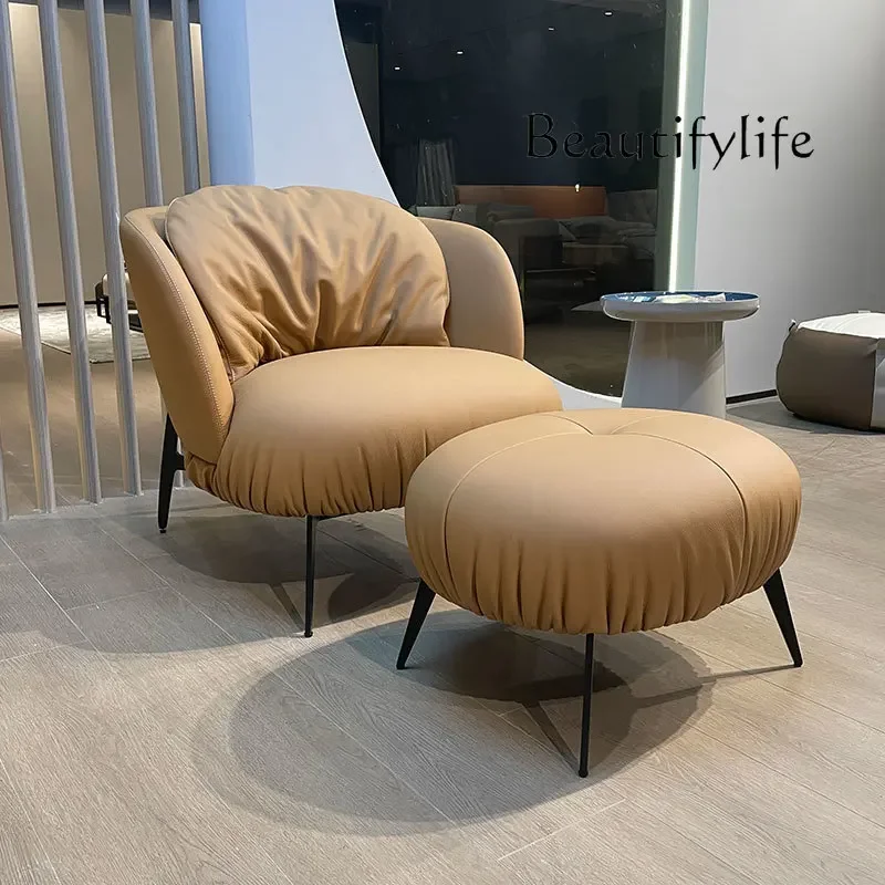 S Sofa Leather Lazy Chair Single Leisure Reception Room Reception Chair First Layer Cowhide Stainless Steel Simple Modern