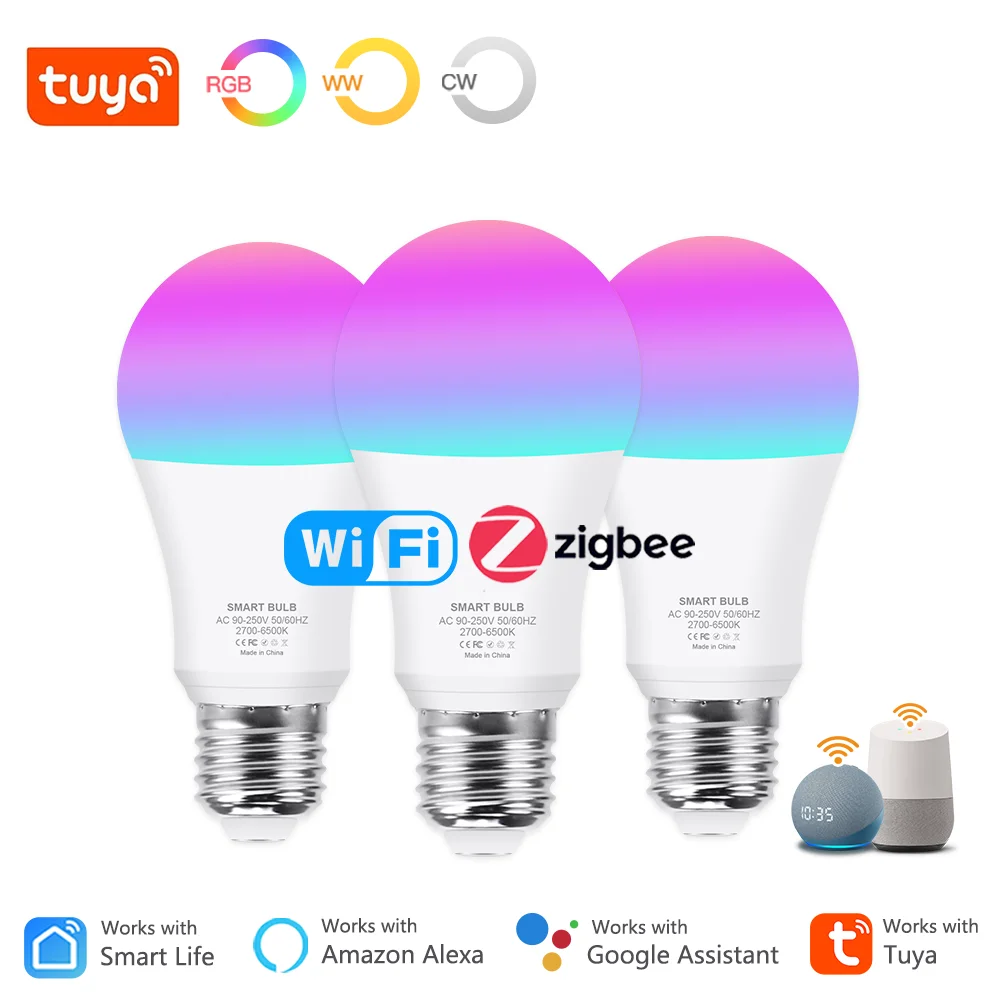 Zigbee Tuya Wifi Smart Bulb E27 15W 18W Zigbee Led Light Bulb Smart Life E27 RGB Led Lamp Works With Alexa Google Home 110V 220V