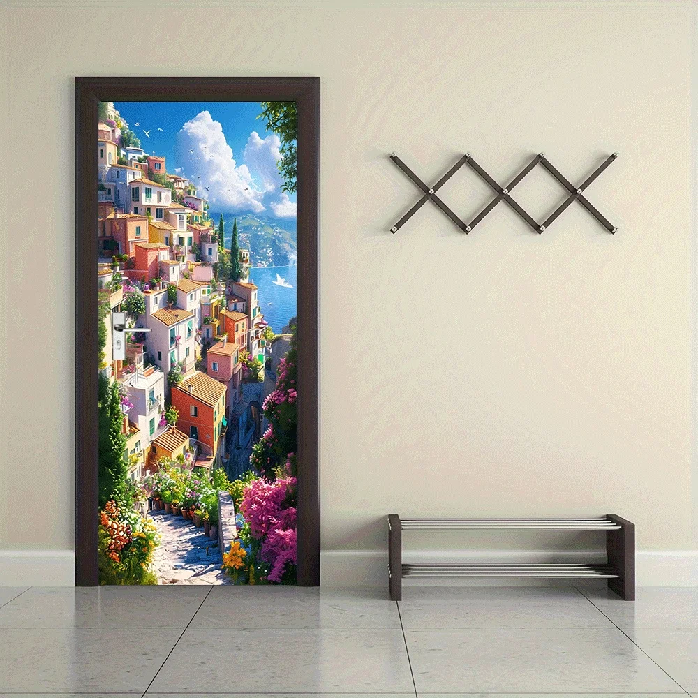 2pcs Mediterranean Style Colorful Town Wall Stickers, Italian Positano Fishing Village Scenery Stickers, Living Room Bedroom Ent