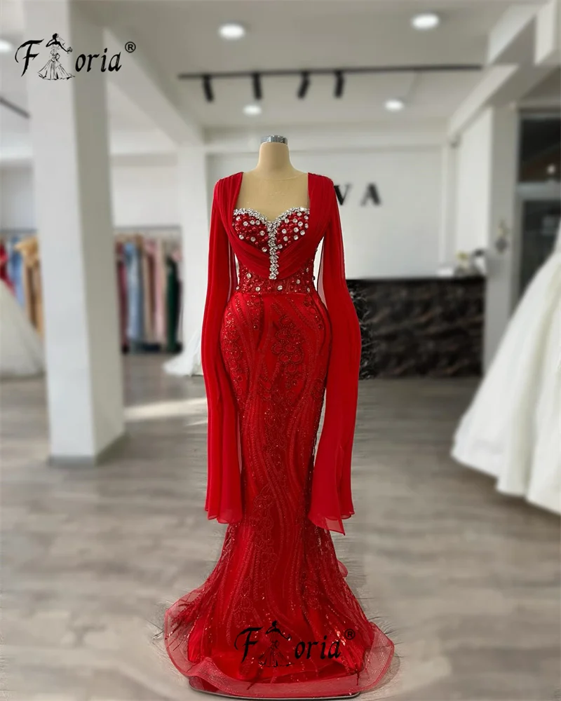 Modest Red Luxury Dubai Wedding Dress with Long Sleeve Major Beads Lace Mermaid Bridal Gown Customized Special Party Dress 2025