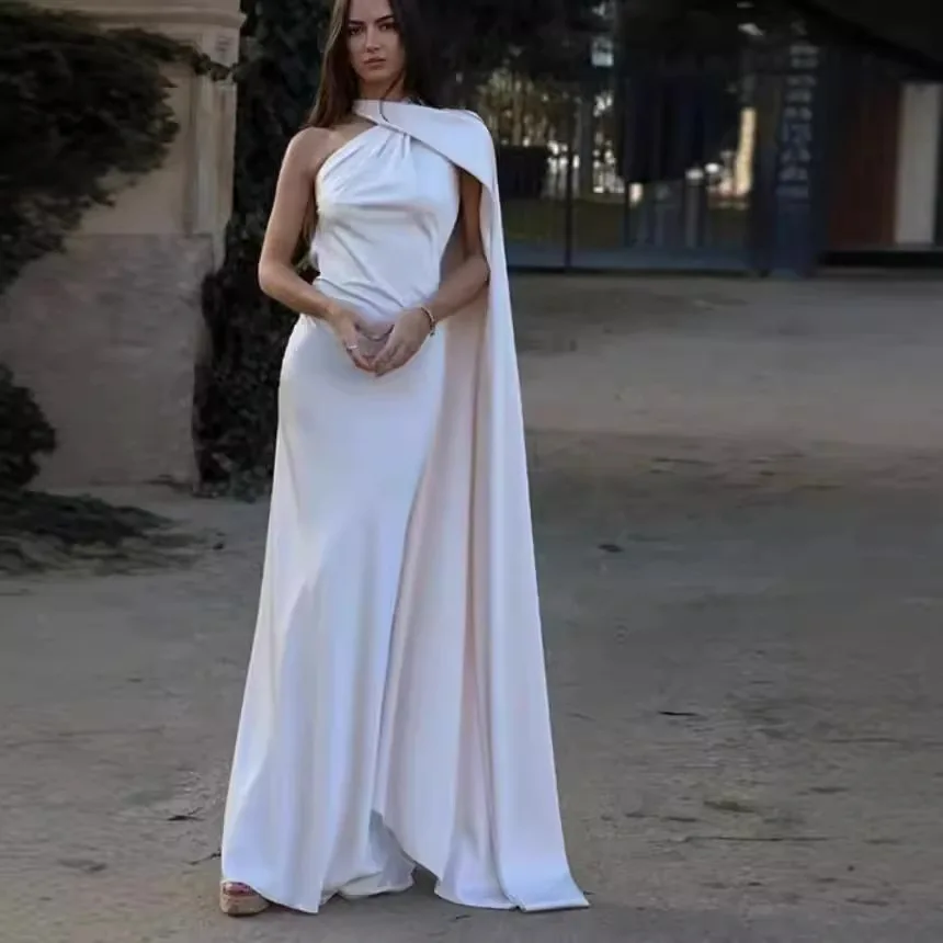 Elegant Satin Bodycon Dress with Neck Ribbon Solid Color Party Wear