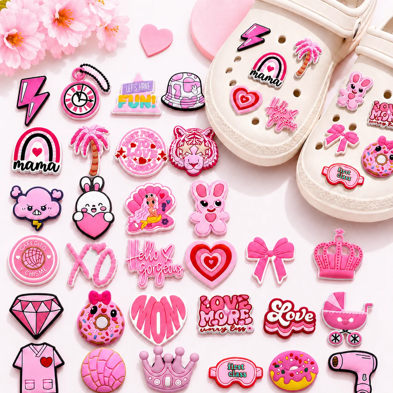 1/30PCS Pink Style Shoe Charms for Girls,Pink Bunny Heart Pin Buckle Accessories for Shoes,Sandals Clog Buckle Decoration