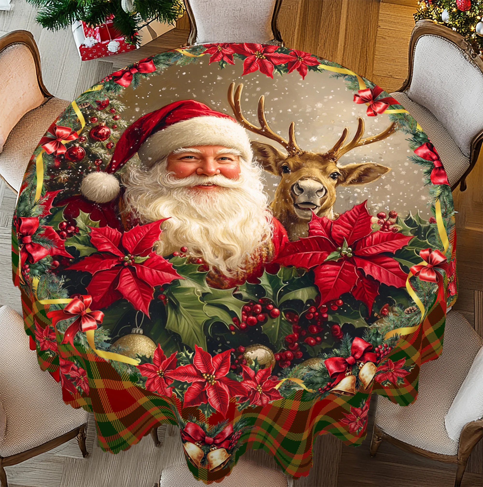 قطعة واحدة من مفرش المائدة المطبوع بموضوع عيد الميلاد المجيد، نمط المزرعة الريفية الرجعية، سانتا، تصميم نمط منقوش، لعيد الميلاد، حفلة رأس السنة، ديكور الحفلات، ديكور الغرفة والخارجية، هدية للأصدقاء