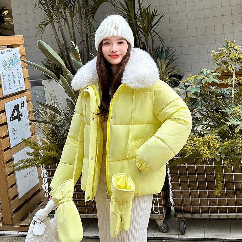 Women Short Parkas Coats Oversize Jacket Gloves Solid Drawstring Hem Big Fur Collar Zipper Looose Thick Office Lady Winter 2025