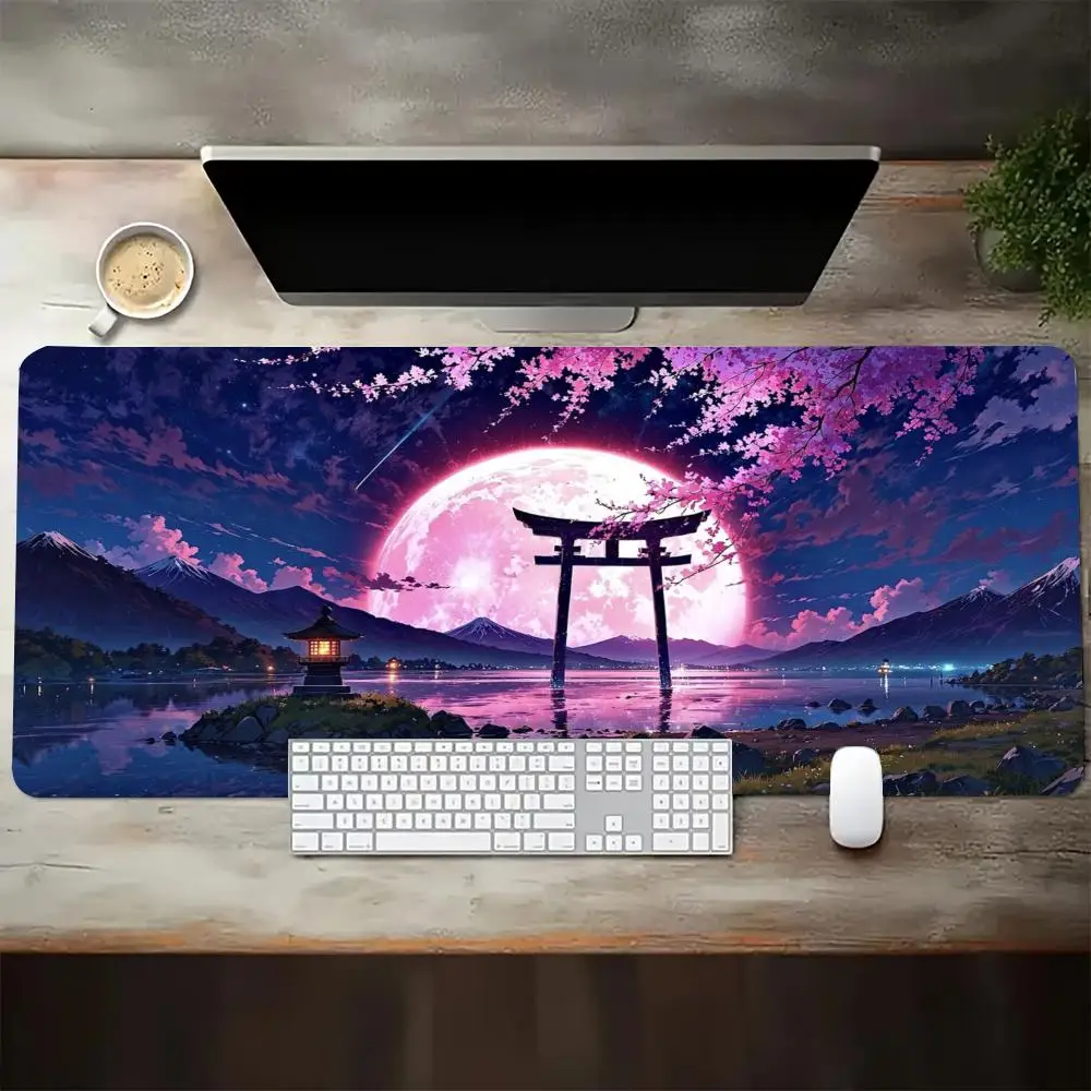 Pink Moon Torii Sakura Gaming Mouse Pad Stitched Edges Thick Rubber Desk Mat For Japanese Style Decor