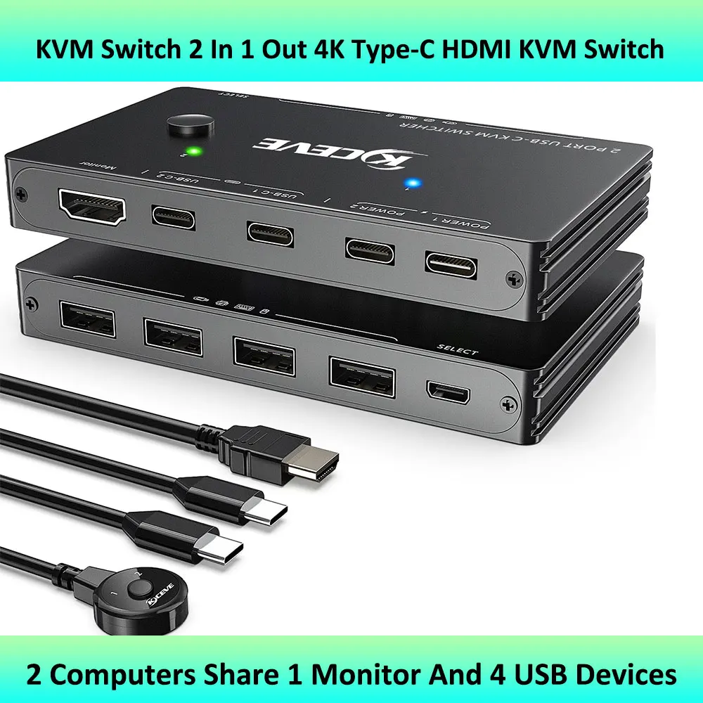 

Type-C KVM Switch 2 In 1 Out 4K 60Hz USB KVM Switch Support PD Charg For 2 Computers Share 1 Monitor And 4 USB Devices