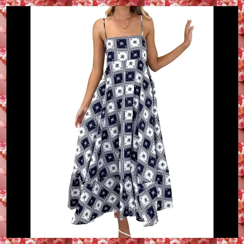 Women Graphic Maxi Dress Spaghetti Strap Floral Boho Long Dress Flowy Summer Holiday Beach Dress