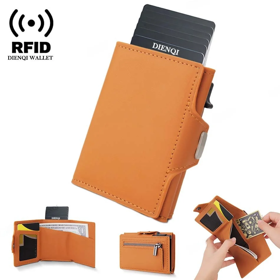 アルミニウム合金製財布-メンズ用-ジッパー付き-クレイジーホースレザー-rfidカードホルダー-機能的なミニポーチ-日常使用-学生向け