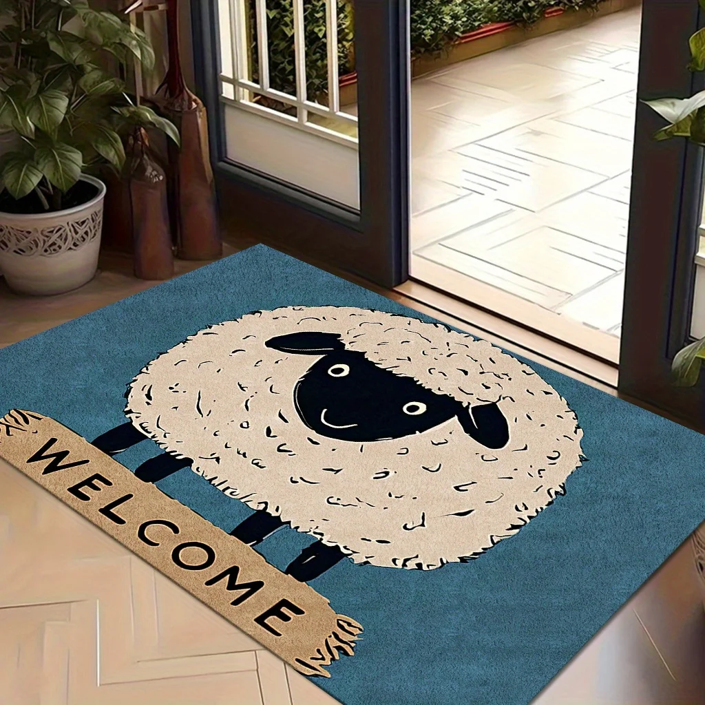 Cute Sheep Door Mat, Fluffy White Lamb Pattern, Blue Farmhouse Welcome Rug, Non-slip Entrance Floor Mat, Animal Home Decor