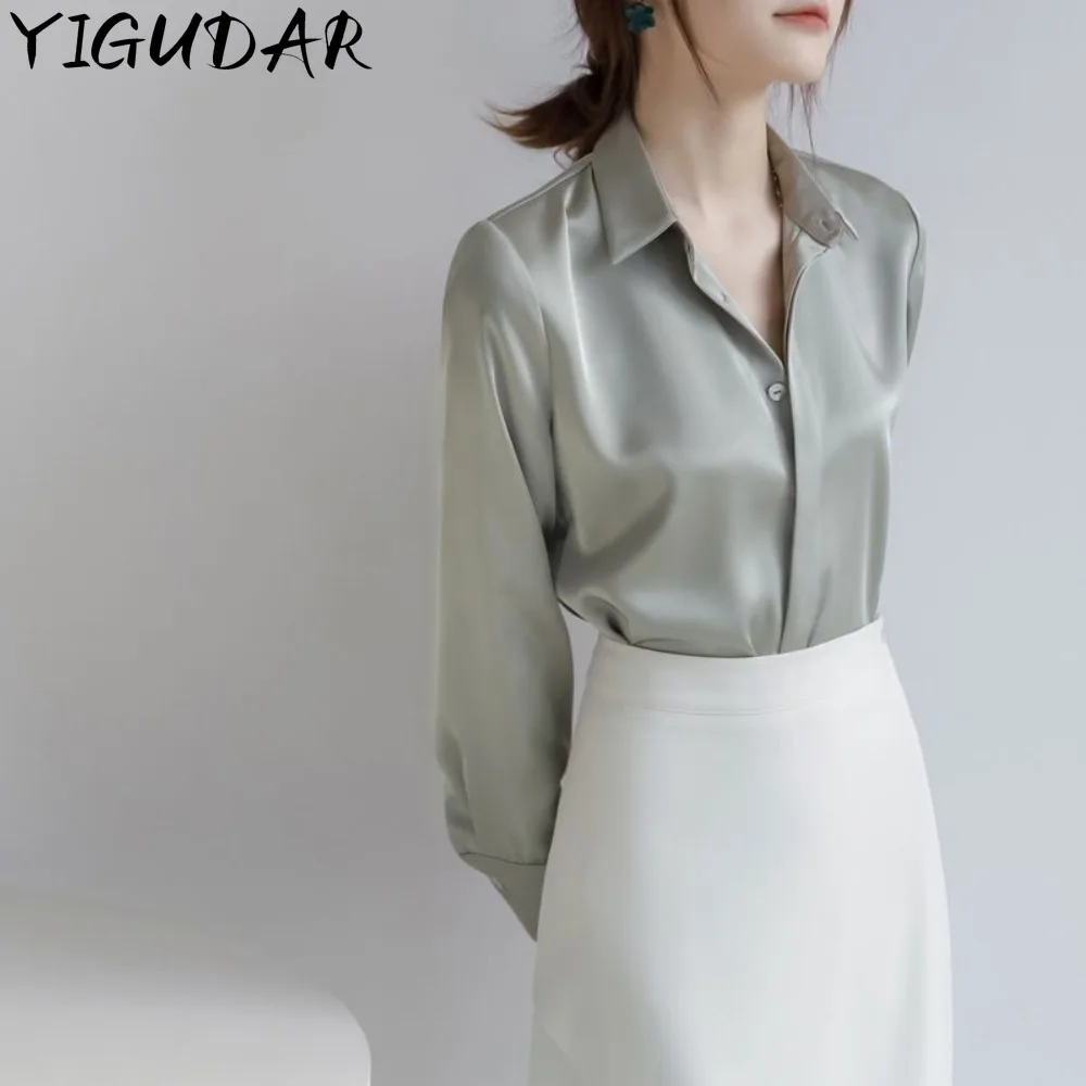 2024 Summer New Simple Commuting Professional Shirt for Women High Grade Elegance, Draping Silk Smooth Shirt for Women Clothing