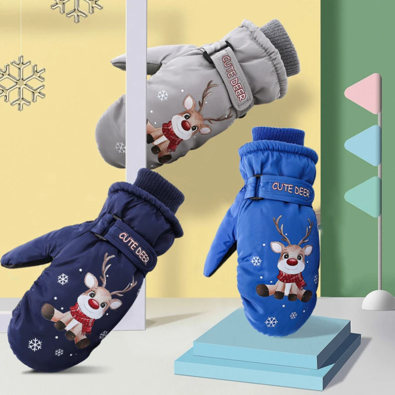 

Children's Snow Plush Warm Gloves Solid Color Winter Windproof Waterproof Wear-resistant Five-finger Outdoor Riding Ski Gloves