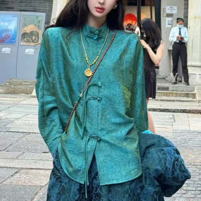 Spring New Rayon Jacquard Fabric Stand up Collar Handmade Tassel Buckle Design Retro Women's Shirt S-XL