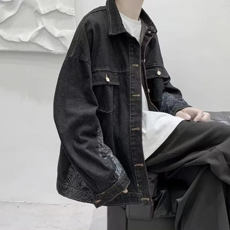 Oversize with Print Cowboy Coat for Men Y2k Original Low Price Outwear High Quality Cowgirl Worn Lxury Casual Denim Jackets Man