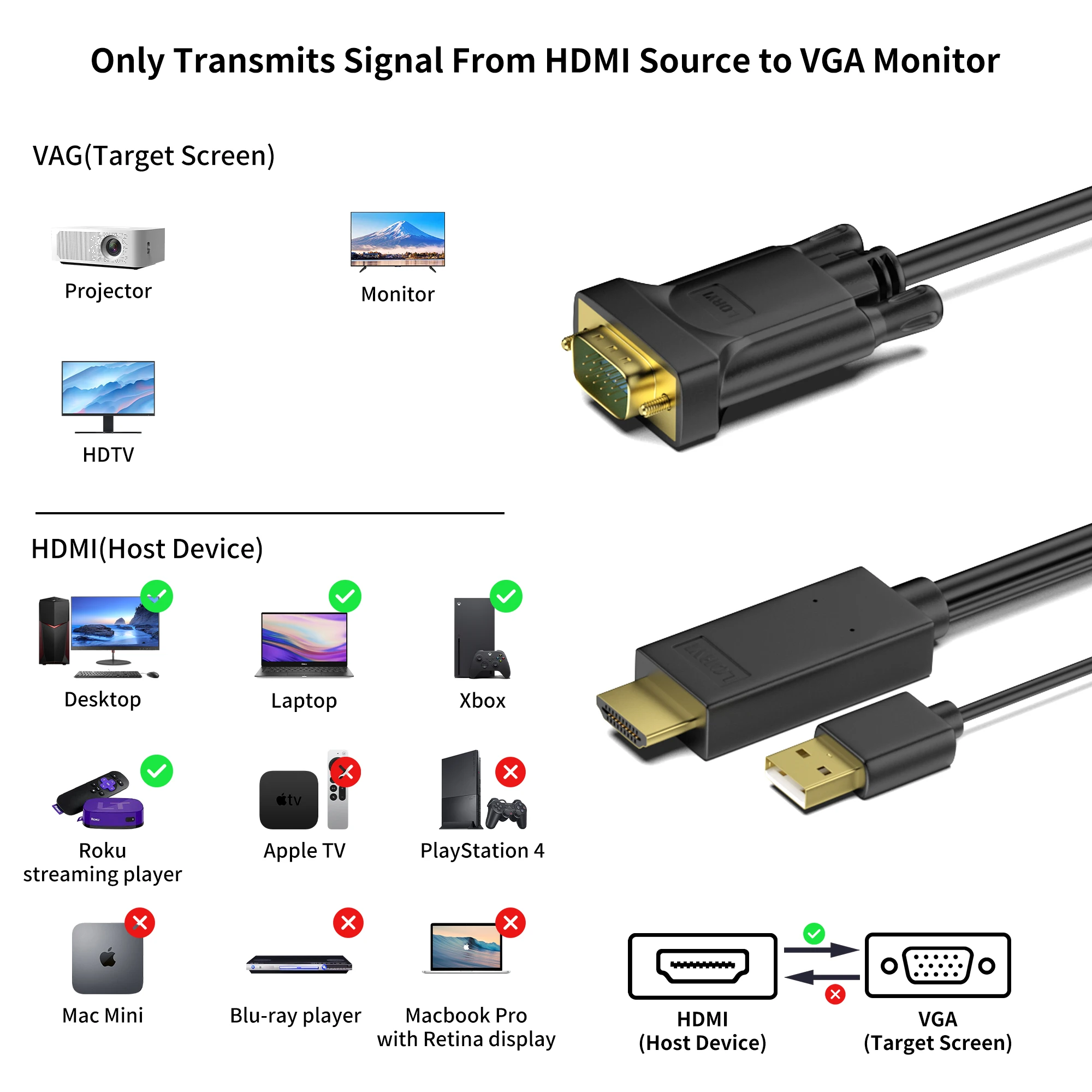 Kabel do konwersji kabel HDMI do VGA HD 1080P 60Hz 1.83M czarny do monitora projektor do komputera kabel Adapter z męskiego na męskie