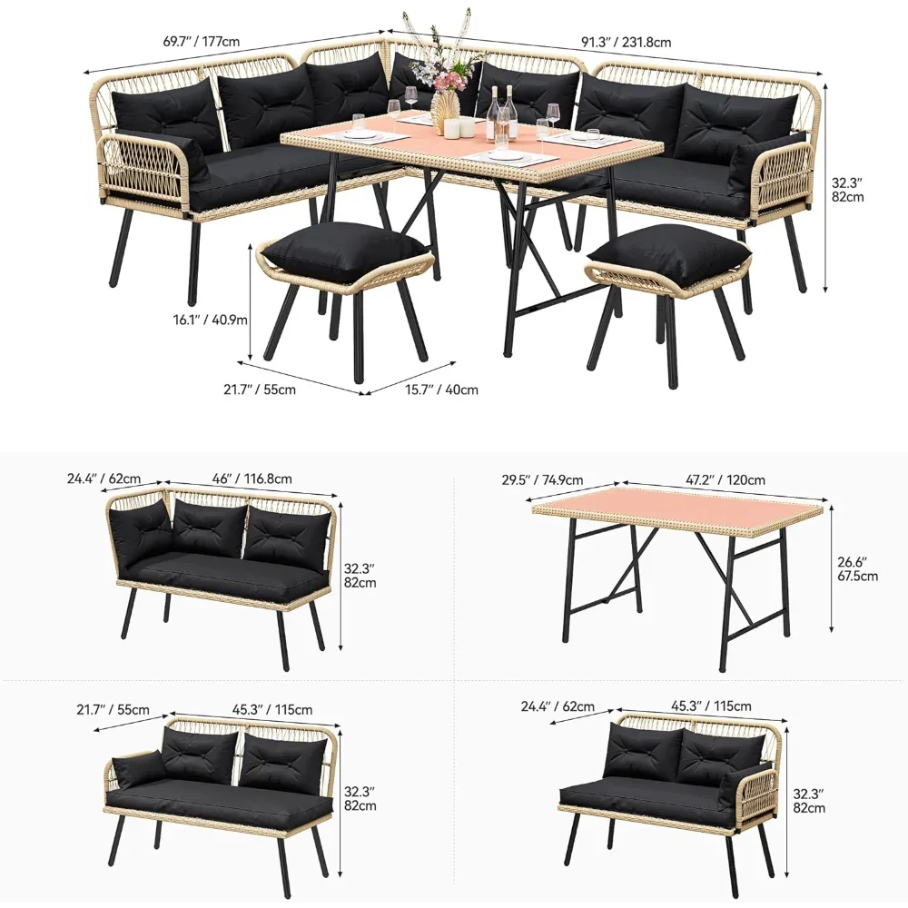 L-förmiges Terrassenmöbel-Set aus Korbgeflecht, wetterfestes Rattan-Gesprächssofa-Set für den Außenbereich für Hinterhofdeck mit weichen Kissen