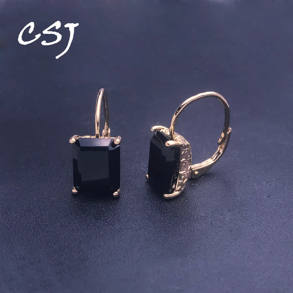 

CSJ New Black Agate Earrings Solid 925 Sterling Silver Onxy Gemstone Oct 9*11mm for Women Party Birthday Jewelry Gift