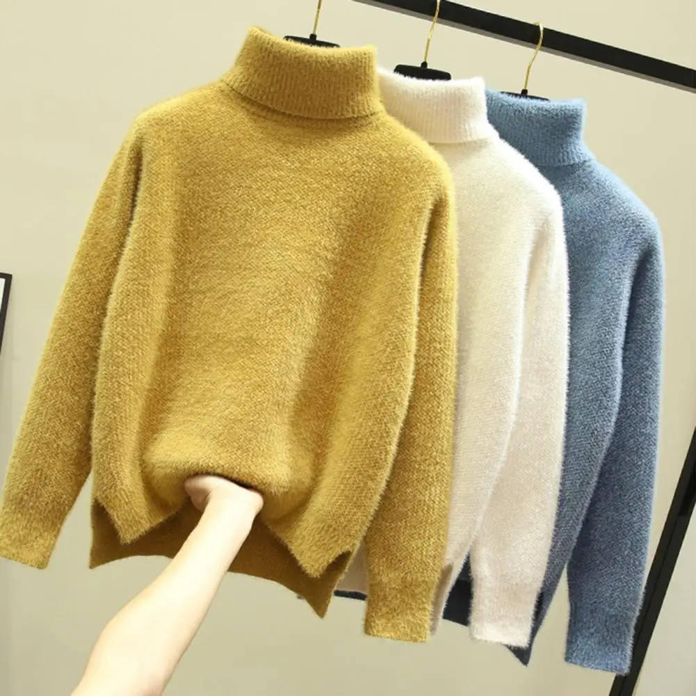 Women Loose Sweater Cozy Turtleneck Knit Sweater with Side Split Hem Women's Winter Pullover Imitation Mink Thickened for Autumn