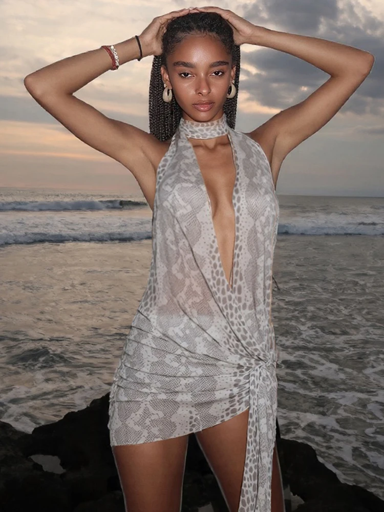 Strano gatto serpente stampa abito sexy da donna Y2K vedere attraverso halter irregolare increspato nastro senza schienale vacanza al mare clubwear aderente