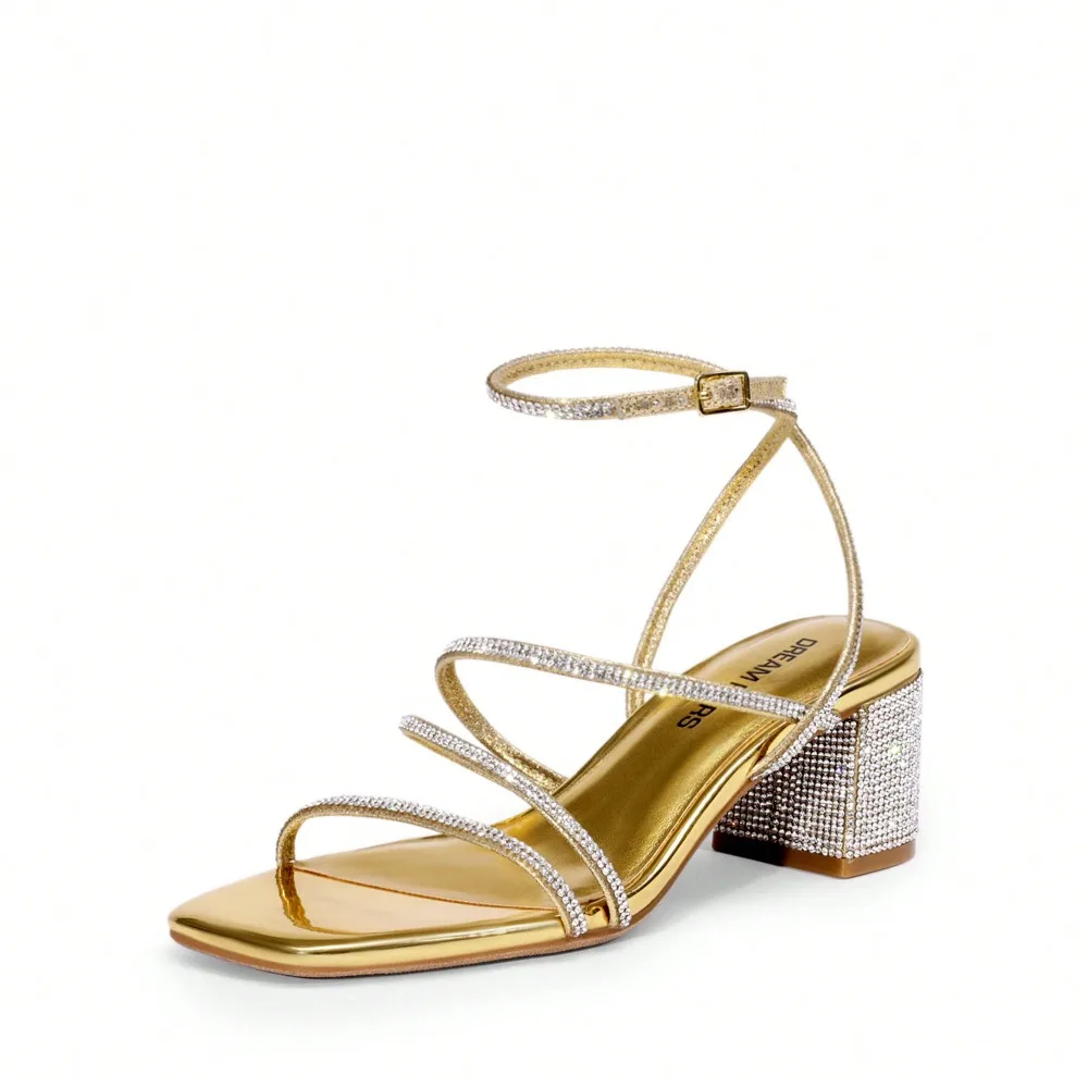 Sandalias de tacón bajo grueso con tiras y punta cuadrada de 2 pulgadas para mujer, elegantes para fiestas, bodas y eventos nocturnos.