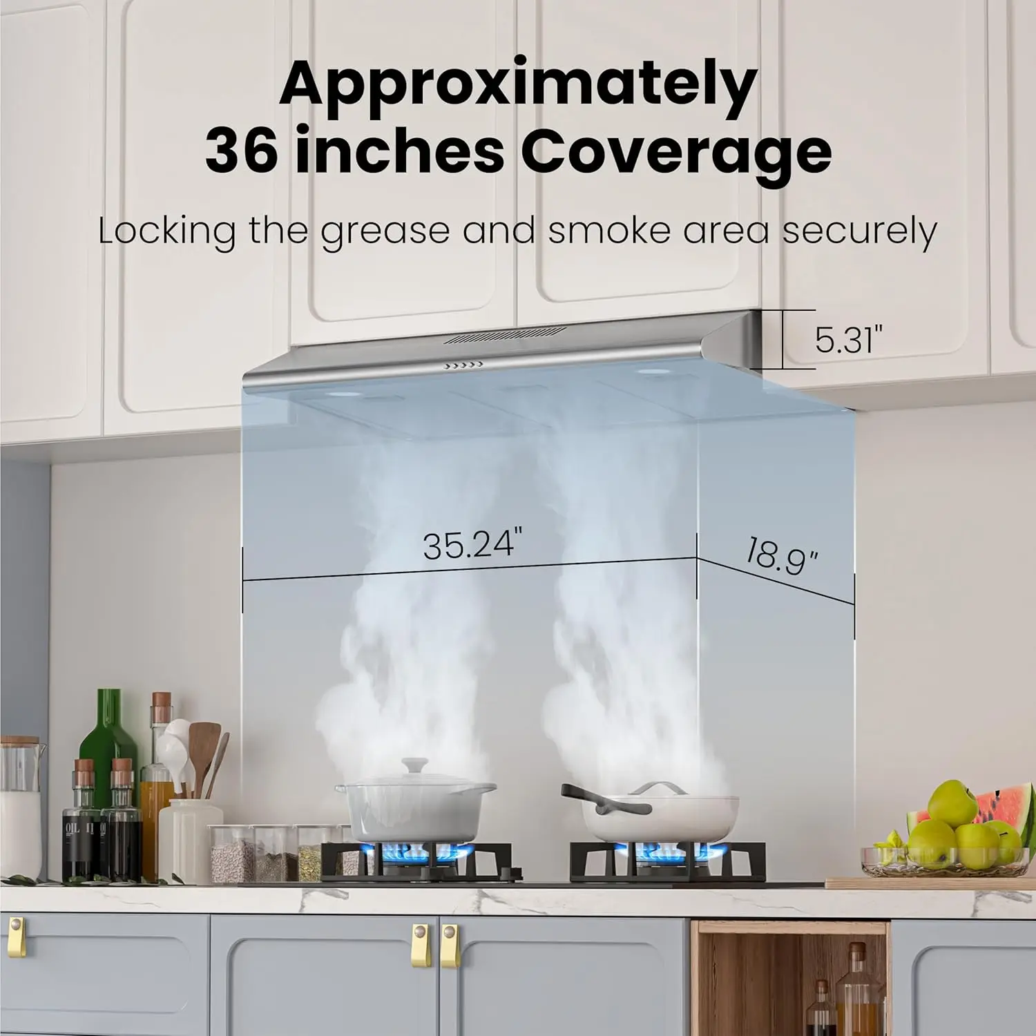 غطاء محرك السيارة تحت الخزانة مقاس 36 بوصة مع موقد المطبخ النحيف القابل للتحويل بدون أنابيب وغطاء محرك السيارة مزود بإضاءة LED ومروحة عادم 3 سرعات Reusa #3