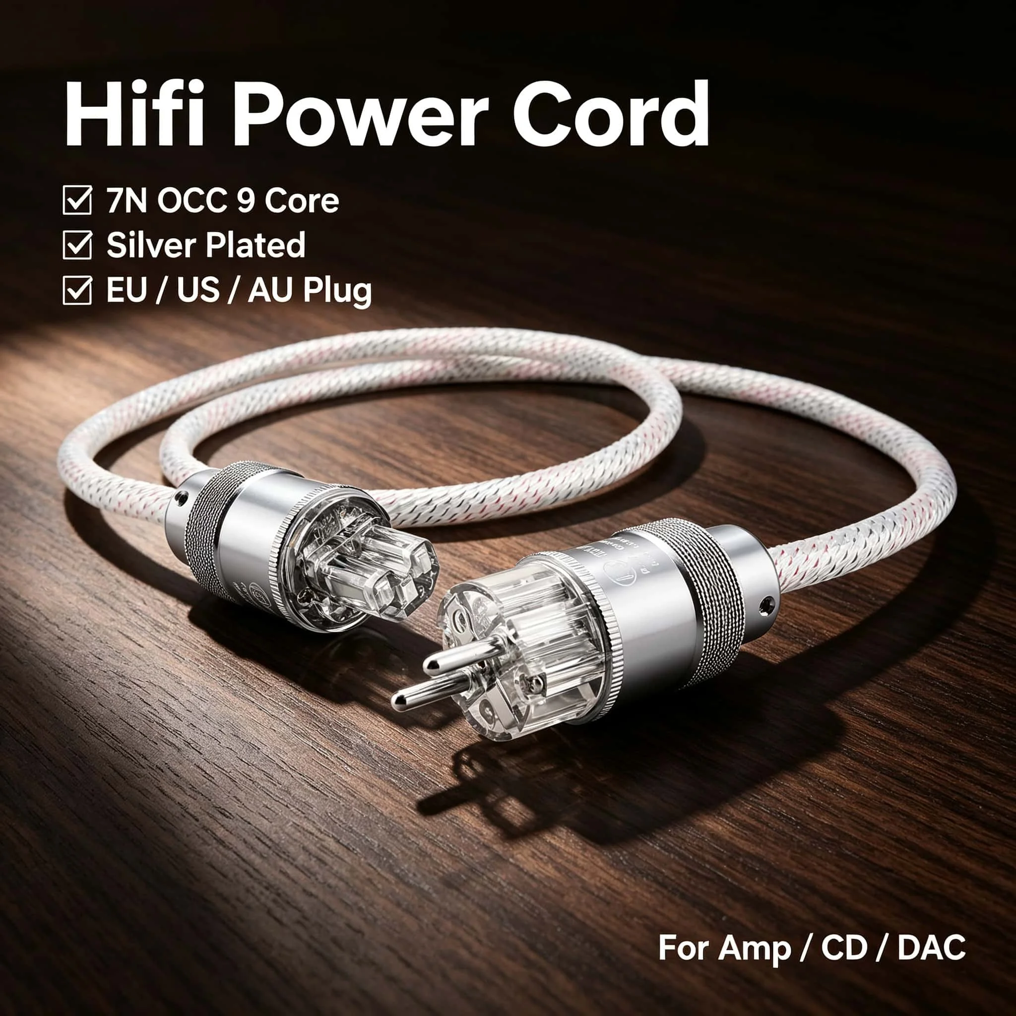 Hifi Power Cord 7N OCC 9 Core Silver Plated AC Cable EU US AU Plug for Amplifier CD DAC Decoder Hifi System