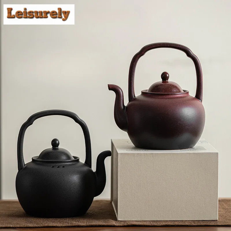 1000ML Zen Black Pottery Ceramic Teapothandmade Palace Lantern Lifting Handle Pot Boiling Water Kettle For Charcoal Stove Teaset