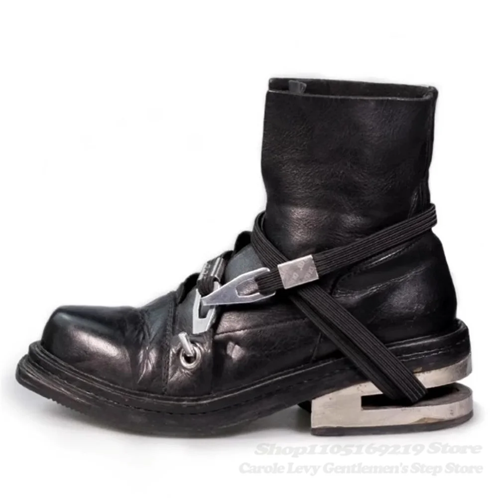 90S Vintage Boots for Men Black Leather Round Toe Cable Hiking Hooks Straps Metal Thick Heel Lace-Up Mid Calf Boot Male Shoes