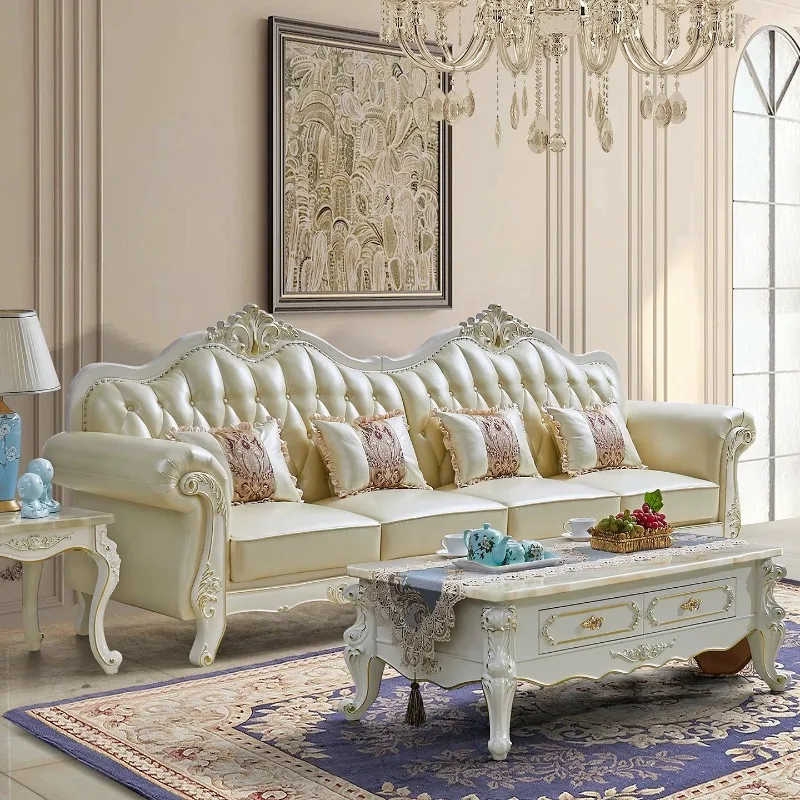 European-style leather sofa four-seater straight multi-person small household French light luxury living room furniture